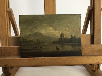 Lot 105 - 18th century oil on panel, figures before a lake, 11.5 x 16.5cm