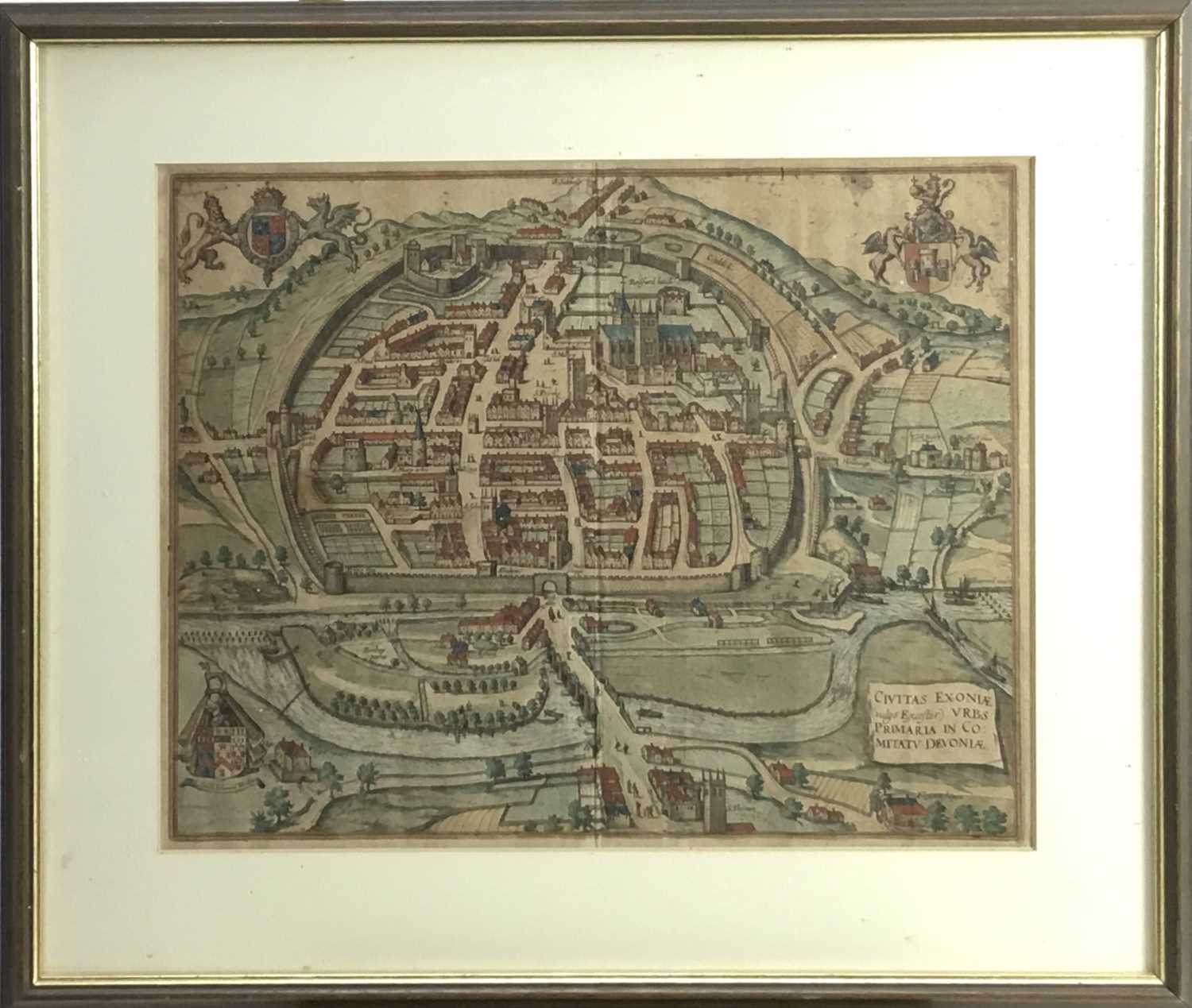 Lot 237 - 17th century hand coloured engraving- map of Exeter