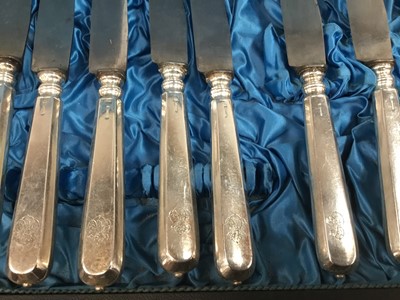 Lot 77 - Set of twelve 19th century Continental white metal dinner knives with steel blades in fitted case