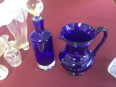 Lot 139 - Edwardian glass spirit decanter with silver collar and plated stopper, silver mounted oil and vinegar bottle, Bristol blue glass jug and other glassware