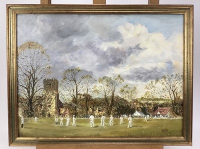 Lot 160 - J.D. Spreston, oil on artist board, "The Opening Match", initialled also 
inscribed verso, in gilt frame. 30 x 40cm.