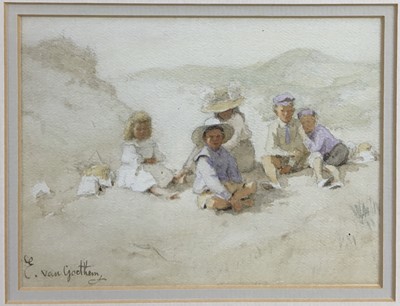 Lot 147 - Edward Van Goethem (1857 - 1924), watercolour,  
Children sitting on a sand dune, in gilt 
frame, signed. 13.5 x 17.5cm.
