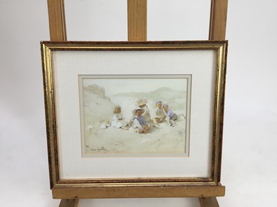 Lot 147 - Edward Van Goethem (1857 - 1924), watercolour,  
Children sitting on a sand dune, in gilt 
frame, signed. 13.5 x 17.5cm.