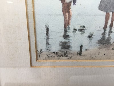Lot 149 - Edward Van Goethem (1857 - 1924), watercolour, Children paddling at the beach, signed, 
in gilt frame. 13.5 x 17.5cm.
