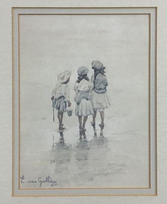 Lot 148 - Edward Van Goethem (1857 - 1924), watercolour,  
Three children paddling, signed, 
in gilt frame. 18 x 13cm.