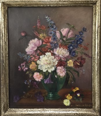 Lot 155 - Attributed to Vernon de Beauvoir Ward (1905 - 1985),  
oil 
on canvas,  
A still life of summer flowers in a vase on a ledge, signed, in silvered frame. 29 x 24cm.
