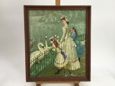Lot 150 - Felix Rossi, oil on board, 
An elegant lady and her children feeding swans, signed, in painted frame. 45 x 37cm.