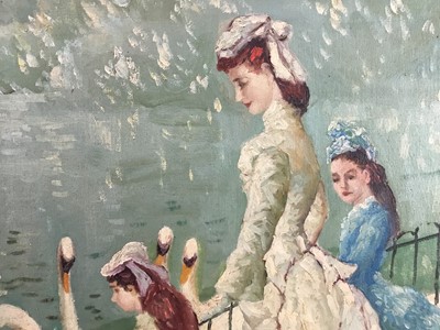 Lot 150 - Felix Rossi, oil on board, 
An elegant lady and her children feeding swans, signed, in painted frame. 45 x 37cm.