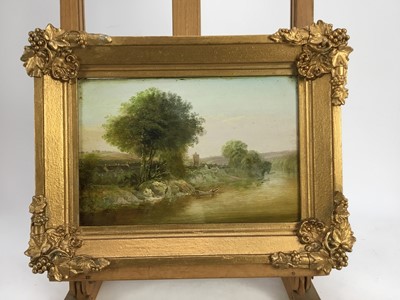 Lot 151 - Pair of 19th Century English School, oils on oak panel,  
River landscapes with anglers and a figure in a punt, in original gilt frames. 
Each 17 x 26cm. (2)