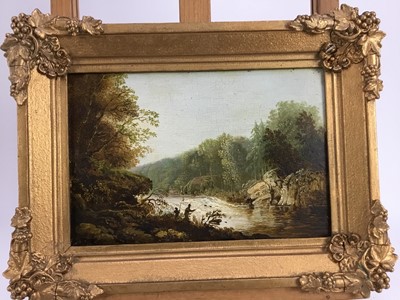 Lot 151 - Pair of 19th Century English School, oils on oak panel,  
River landscapes with anglers and a figure in a punt, in original gilt frames. 
Each 17 x 26cm. (2)