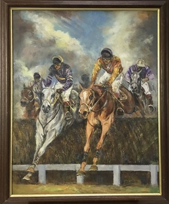 Lot 163 - B. Arnete, oil on canvas board, "Taking a fence",  signed, on 
stained and gilt frame. 49 x 39cm.