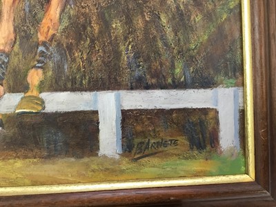 Lot 163 - B. Arnete, oil on canvas board, "Taking a fence",  signed, on 
stained and gilt frame. 49 x 39cm.