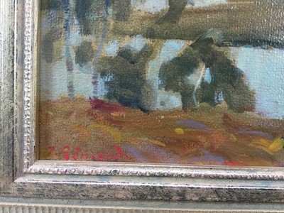 Lot 156 - Jean Remond (1872 - 1913), oil on board, A river landscape with silver birch trees, signed, in gilt frame. 23 x 33cm.
