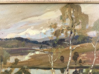 Lot 156 - Jean Remond (1872 - 1913), oil on board, A river landscape with silver birch trees, signed, in gilt frame. 23 x 33cm.