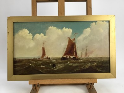 Lot 157 - 19th Century English School, oil on canvas, A fishing vessel off the coast, a merchant ship beyond, 
in gilt frame. 24 x 44cm.