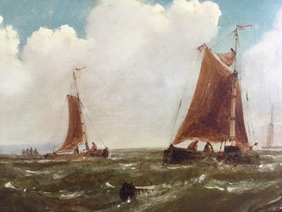Lot 157 - 19th Century English School, oil on canvas, A fishing vessel off the coast, a merchant ship beyond, 
in gilt frame. 24 x 44cm.