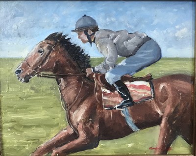 Lot 159 - David Baxter of Norwich, oil on board,  
A racehorse with jockey up, signed, 
in gilt frame. 24 x 30cm.