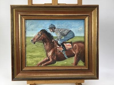 Lot 159 - David Baxter of Norwich, oil on board,  
A racehorse with jockey up, signed, 
in gilt frame. 24 x 30cm.