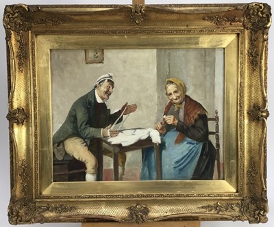 Lot 166 - Late 19th Century Italian School 
An elderly couple seated at a table winding wool, oil on canvas, in elegant gilt frame. 34 x 44cm.