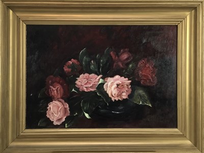 Lot 162 - Eley McQueen (circa 1983), oil on board, "Roses", signed, also inscribed verso, 
in gilt frame. 30 x 44cm.