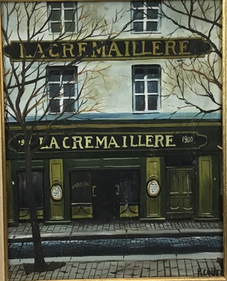 Lot 165 - French School, oil on canvas, 
A street scene outside La Cremaillere, oil on canvas, 
indistinctly signed, in gilt frame. 25 x 19cm.