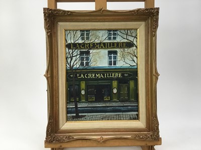 Lot 165 - French School, oil on canvas, 
A street scene outside La Cremaillere, oil on canvas, 
indistinctly signed, in gilt frame. 25 x 19cm.