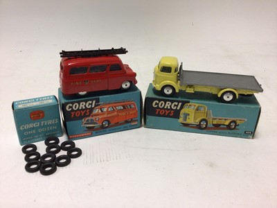 Lot 2358 - Corgi Bedford "Utilecon" Fire Tender No.405M & Commer (5 Ton) Platform lorry No.454, both boxed plus some boxed Corgi Tyres (3)