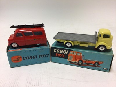 Lot 2358 - Corgi Bedford "Utilecon" Fire Tender No.405M & Commer (5 Ton) Platform lorry No.454, both boxed plus some boxed Corgi Tyres (3)