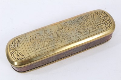 Lot 762 - Late 18th / early 19th century Dutch copper and brass tobacco box with engraved scenes to the lid and base