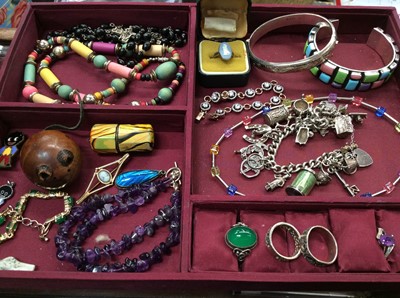 Lot 723 - Silver charm bracelet, silver bangle, silver rings, cultured pearls and other costume jewellery