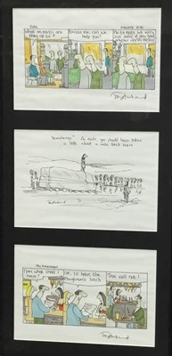 Lot 123 - Tony Husband, three signed original cartoons, each approximately 21 x 28cm, framed as one