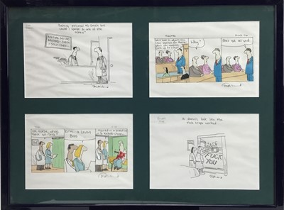 Lot 124 - Tony Husband, four original cartoons, from Punch and Private Eye, each approximately 20 x 28cm, framed as one, with accompanying letter from the artist