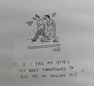 Lot 125 - Jonathan Pugh - original cartoon, from the Daily Mail, signed, with accompanying letter verso, 20 x 17cm, glazed frame