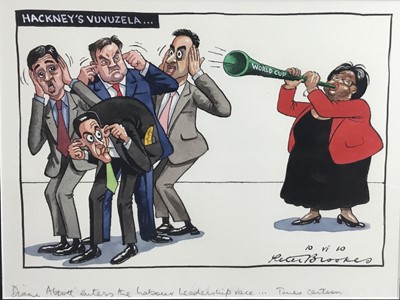 Lot 126 - Peter Brookes (b. 1943) original cartoon for The Times 'Hackney's Vuvuzela' signed and inscribed to margin, image 20 x 29cm, glazed frame with attached note from the artist verso