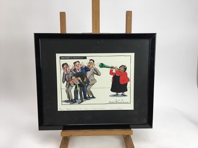 Lot 126 - Peter Brookes (b. 1943) original cartoon for The Times 'Hackney's Vuvuzela' signed and inscribed to margin, image 20 x 29cm, glazed frame with attached note from the artist verso