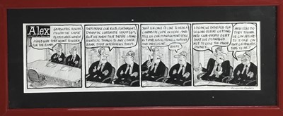 Lot 128 - Charles Peattie & Russell Taylor, original 'Alex' cartoon strip, featured in The Daily Telegraph 2008, signed, 37 x 11cm, glazed frame with explanatory note verso