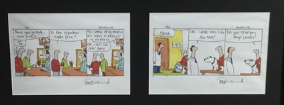 Lot 129 - Tony Husband, two original cartoons for Private Eye, each signed, approximately 22 x 30cm, framed as one in glazed frame, note from the artist verso
