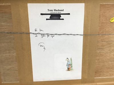 Lot 129 - Tony Husband, two original cartoons for Private Eye, each signed, approximately 22 x 30cm, framed as one in glazed frame, note from the artist verso