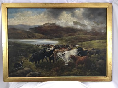 Lot 131 - After Henry Garland (act. 1854-1890) oil on canvas, Sheepdog and highland cattle before a loch, indistinctly signed verso and inscribed 'After H Garland, Turning the drove'