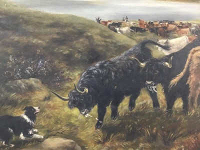 Lot 87 - After Henry Garland (act. 1854-1890) oil on canvas, Sheepdog and highland cattle before a loch, indistinctly signed verso and inscribed 'After H Garland, Turning the drove'