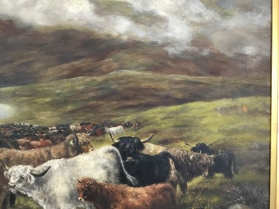 Lot 131 - After Henry Garland (act. 1854-1890) oil on canvas, Sheepdog and highland cattle before a loch, indistinctly signed verso and inscribed 'After H Garland, Turning the drove'