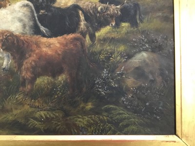 Lot 87 - After Henry Garland (act. 1854-1890) oil on canvas, Sheepdog and highland cattle before a loch, indistinctly signed verso and inscribed 'After H Garland, Turning the drove'