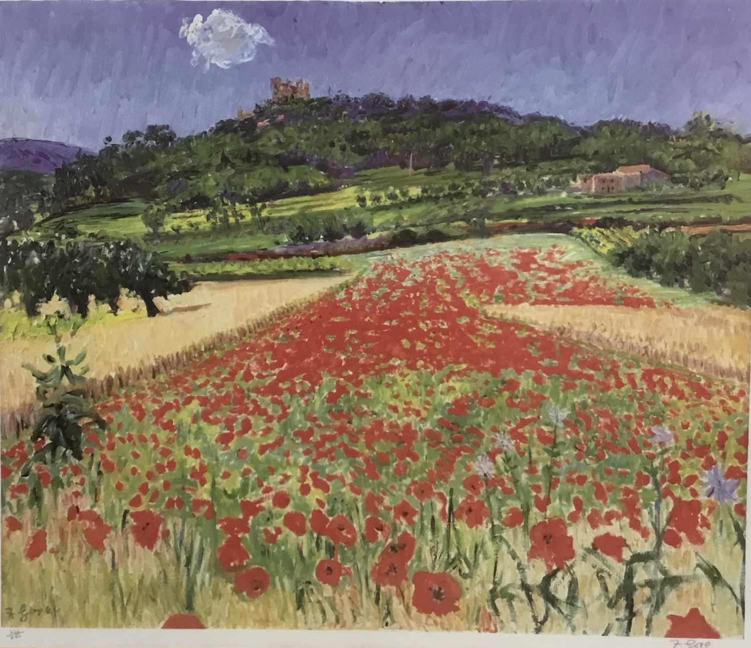 Lot 49 - Frederick Gore (1919-2003) lithographic print, Continental landscape with poppies, Lacoste, signed and numbered 226/250, image 60 x 71cm, glazed frame