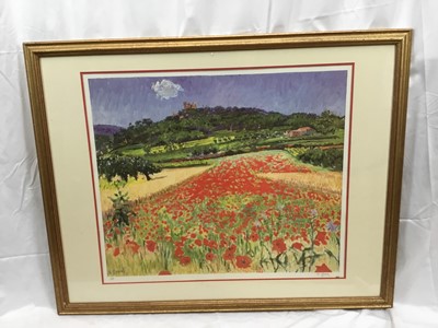 Lot 89 - Frederick Gore (1919-2003) lithographic print, Continental landscape with poppies, Lacoste, signed and numbered 226/250, image 60 x 71cm, glazed frame