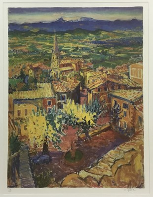 Lot 143 - Frederick Gore (1919-2003) lithographic print, Bonnieux, signed and numbered  139/250, image 79 x  59cm, glazed frame
