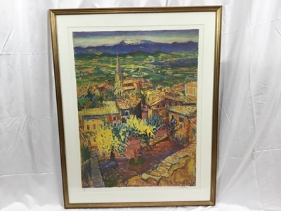Lot 143 - Frederick Gore (1919-2003) lithographic print, Bonnieux, signed and numbered  139/250, image 79 x  59cm, glazed frame