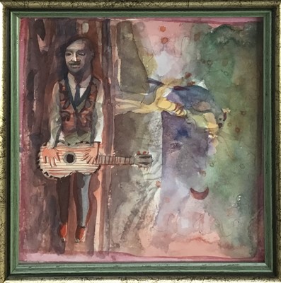 Lot 170 - English School, Late 20th century, watercolour - Guitar Player, unsigned , 15 x 15cm, glazed frame, Provenance: The Jenny Simpson Collection.