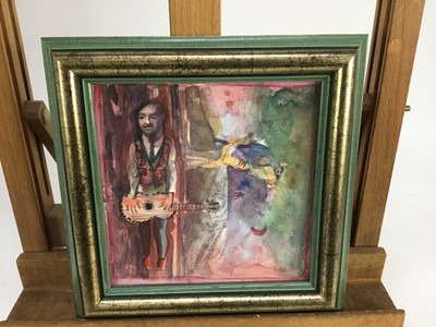 Lot 170 - English School, Late 20th century, watercolour - Guitar Player, unsigned , 15 x 15cm, glazed frame, Provenance: The Jenny Simpson Collection.