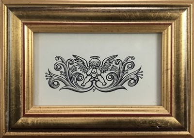 Lot 174 - English School, Late 20th century, pen and ink - Flourish with Cupid, signed EF , 14 x 8cm, glazed frame, Provenance: The Jenny Simpson Collection.