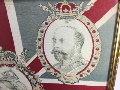 Lot 176 - Queen Victoria diamond jubilee commemorative scarf, framed 65 x 70cm
